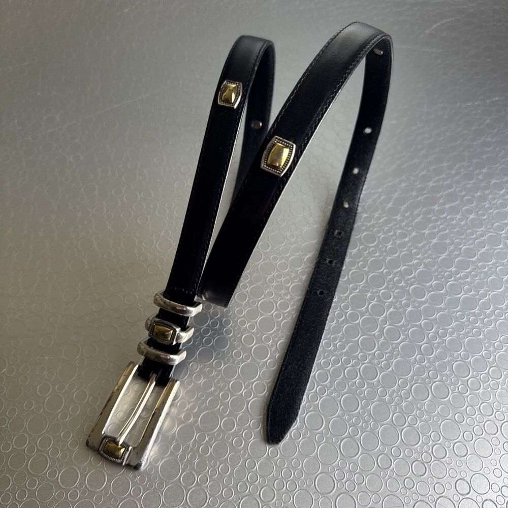 Vintage Brighton Black Leather Skinny Studded Mixed Metal Belt 4A303 Size XL 36